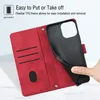 A red flip leather wallet phone case is shown with a hand demonstrating how to insert or remove a phone. Produktbild-Vorschau