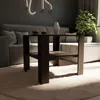 A dark brown coffee table with a shelf is placed on a beige carpet in a modern living room. A sofa and a plant are visible in the background. Produktbild-Vorschau