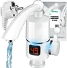 A white electric instant water heater tap with a digital display showing '49' and water flowing from the spout, shown with a power plug and packaging in the background. Náhled obrázku produktu