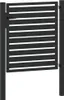 A black metal garden gate with horizontal slats, shown in an open position, attached to a post on the right. Produktbild-Vorschau