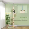 A cat tree is shown in a room with a plant and a curtain. There is an inset diagram showing how the tension rod works. Produktbild-Vorschau