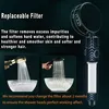 A marketing image showcasing a shower head with a replaceable filter and demonstrating its functionality. Produktbild-Vorschau