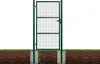 A green metal gate is shown installed in the ground, with a section of the ground and grass visible. Produktbild-Vorschau