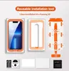 An image showing a screen protector kit for an iPhone, including the phone, an installation tool, and cleaning supplies. Produktbild-Vorschau
