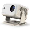 A white and beige portable projector on a stand, shown from a diagonal angle against a white background. Voir les images du produit