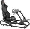 A racing simulator cockpit with a seat, steering wheel, and pedals. Produktbild-Vorschau