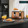 A kitchen counter scene with a copper toaster, croissants, orange juice, and a coffee machine in the background. Voir les images du produit