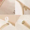 Collage of close-up shots of a mesh laundry bag, showing its texture, zipper, and a loop for hanging. Produktbild-Vorschau