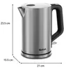 A silver electric kettle with a black handle and lid, shown with dimension labels. Voir les images du produit