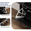 Close-up of a black shoe cabinet with white adjustable partition panels, showing how they can be moved to accommodate different shoe heights. Náhľad obrázku produktu
