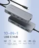 Two stacked USB-C hubs with a connecting cable and a product title and feature icons. Produktbild-Vorschau