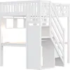 A white loft bed with a desk and stairs, shown against a white background. Voir les images du produit