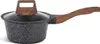 A speckled black saucepan with a glass lid and a wooden handle and lid knob, isolated on a white background. Produktbild-Vorschau