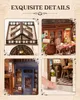 A collage of four images showcasing the intricate details of a miniature wooden book nook model, depicting different scenes and architectural elements. Podgląd zdjęcia produktu