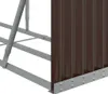 Close-up view of the corner of a brown corrugated metal firewood shed, showing the galvanized steel frame and base. Náhled obrázku produktu