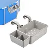 A gray plastic pool organizer with hooks for hanging on the side of a pool. Produktbild-Vorschau
