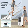 People are shown moving an air cooler up and down stairs, highlighting its portability and ease of transport. Insets show a handle and wheels. Náhľad obrázku produktu