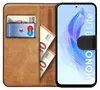 A book-style phone case with a phone inserted, showing cards and banknotes in the interior slots. Produktbild-Vorschau