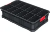 A black plastic storage box with red handles and internal dividers, shown from a slightly elevated angle against a white background. Voir les images du produit