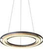 A modern pendant light with two concentric rings, one dark gray and the other wood-toned, illuminated by internal LED lights. Produktbild-Vorschau