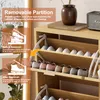 A shoe cabinet with multiple shelves and flip-down doors, showing how shoe height is accommodated with and without a removable partition. Produktbild-Vorschau