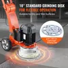 A floor grinder machine is shown in operation, with water splashing around the grinding disk. Text overlays describe the product's features and capabilities. Produktbild-Vorschau