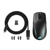 A black wireless gaming mouse and its accessories are laid out on a white background. Produktbild-Vorschau