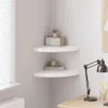 A corner of a room with two white corner shelves mounted on the wall. The top shelf has a decorative radio and a small plant. The bottom shelf has books and a mug. A desk lamp is on a desk in the foreground. Voir les images du produit