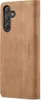 A brown leather flip case for a smartphone, showing the camera cutout and a logo on the back. Produktbild-Vorschau