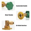 A collage of four close-up images showcasing different parts of a brass valve with a green handle, each labeled with its feature. Podgląd zdjęcia produktu