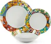 A set of ceramic plates and a bowl with a colorful, mosaic-like pattern around the rim. Anteprima dell’immagine prodotto