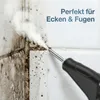 A steam cleaner is being used to clean grout and corners of a tiled wall, showing the removal of dirt and grime. Produktbild-Vorschau