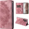 Collage of a pink mandala-embossed flip phone case for a Samsung Galaxy S24 Ultra, showing the case open, closed, and in a stand-up position. Produktbild-Vorschau