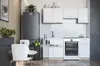 A modern kitchen setup with white cabinets, a gray refrigerator, and a glass-top dining table with white chairs. Náhľad obrázku produktu