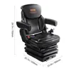 A black tractor seat with suspension is shown against a white background. Dimensions are indicated with lines and text. Náhľad obrázku produktu