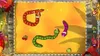 A screenshot from a video game showing colorful snakes and fruit on a yellow background. Produktbild-Vorschau