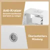 A split image showing a white bathroom vanity with a sink and storage, along with close-up details and text highlighting features. Produktbild-Vorschau