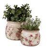 Two ceramic pots with artificial plants, one with green leaves and the other with small white flowers. The pots are decorated with a floral pattern. Anteprima dell’immagine prodotto