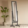 A tall, rectangular mirror on a black stand with wheels, placed next to a potted plant in a room with light-colored walls and wooden flooring. Náhled obrázku produktu