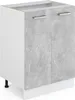 A white kitchen base cabinet with two doors featuring a concrete-look finish and silver handles, standing on black legs. Voir les images du produit