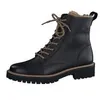 A black leather lace-up boot with a thick sole and fur lining, shown against a white background. Produktbild-Vorschau