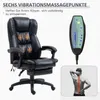 A collage of images showcasing a black executive massage chair and its features, including a remote control and a diagram of the human spine highlighted in red. Podgląd zdjęcia produktu