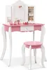 A pink and white children's vanity table and stool set with a tri-fold mirror and toy makeup. Náhľad obrázku produktu