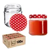 A collection of glass jars with red lids decorated with white hearts, some filled with a red substance, and a cardboard box containing multiple jars. Voir les images du produit
