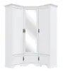 A white, three-door corner wardrobe with a central mirrored door. Produktbild-Vorschau