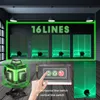 A laser level tool is shown in a dark room with green laser lines projected onto surfaces, indicating its functionality. A hand is shown interacting with the control panel of the laser level. Produktbild-Vorschau