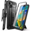 A black protective phone case with a built-in kickstand and holster, shown with a clear screen protector and a smartphone. Produktbild-Vorschau