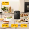 A kitchen counter with an air fryer and various food items, along with cooking time and temperature recommendations. Produktbild-Vorschau
