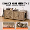 A wooden cabinet designed to conceal a litter box, shown with decorative items on top and inset images highlighting features. Produktbild-Vorschau