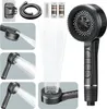 A collage of images showing a black handheld showerhead with various spray patterns, along with accessories like a hose and filter cartridges. Produktbild-Vorschau